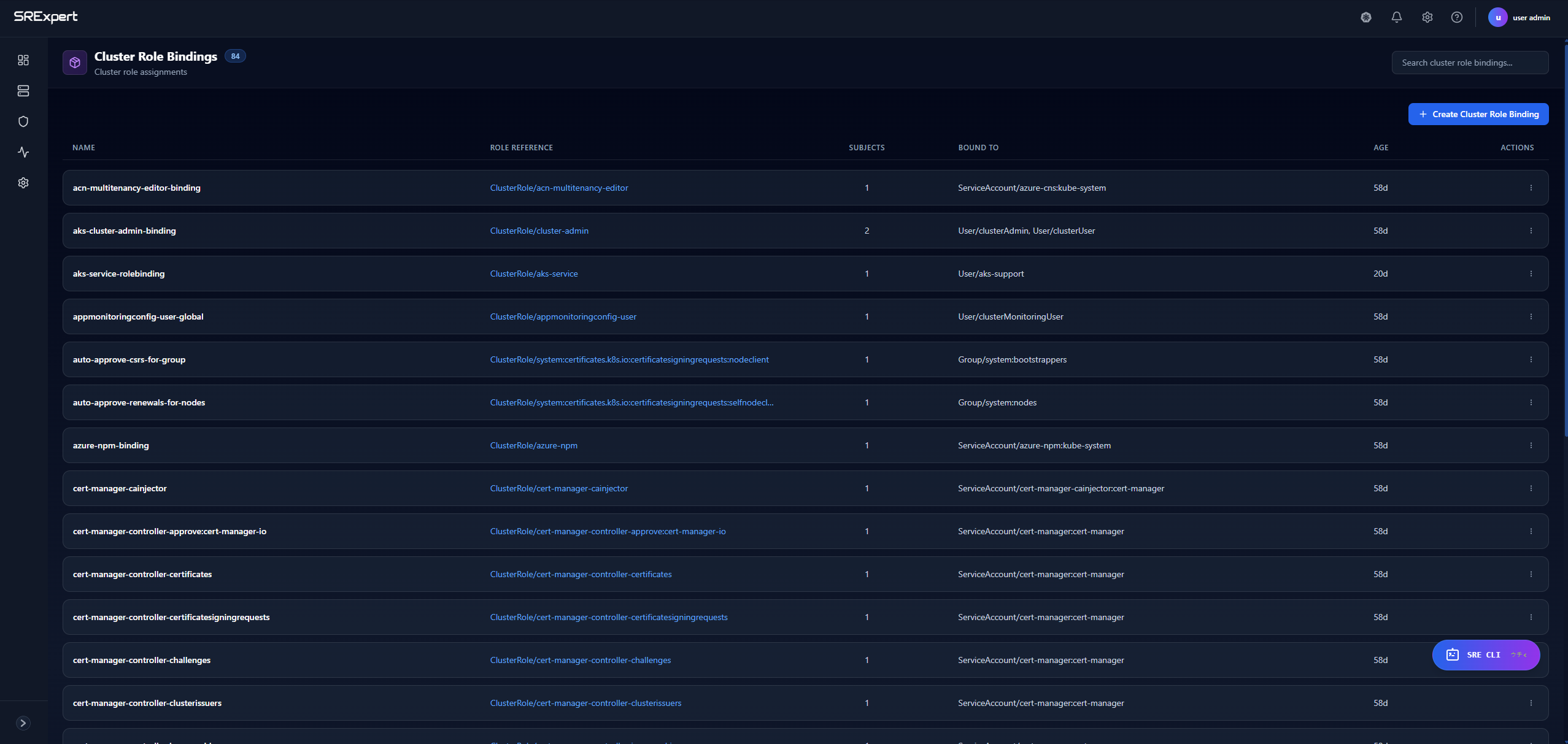 Cluster Role Bindings list view