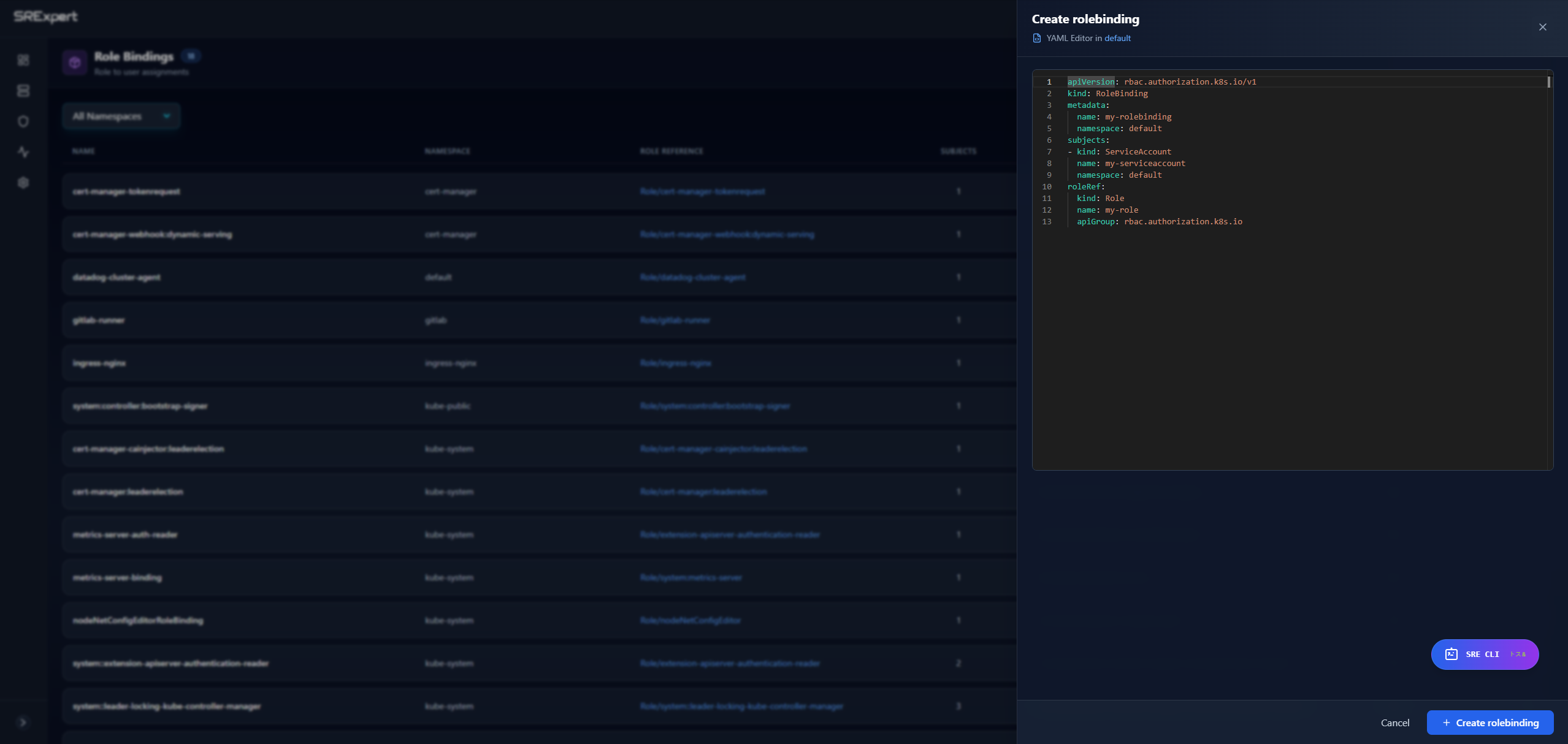 Create Role Binding modal
