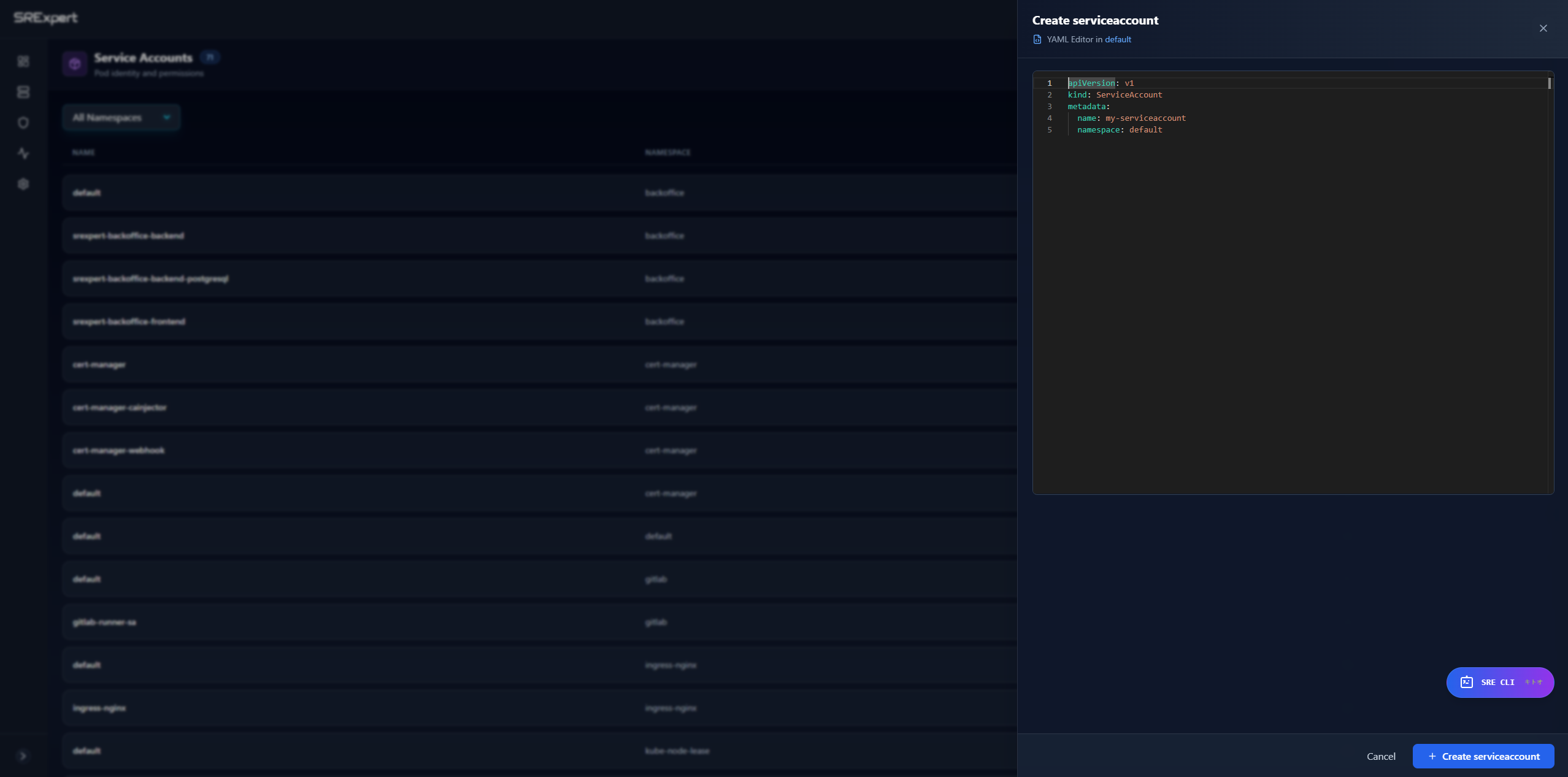 Create Service Account modal