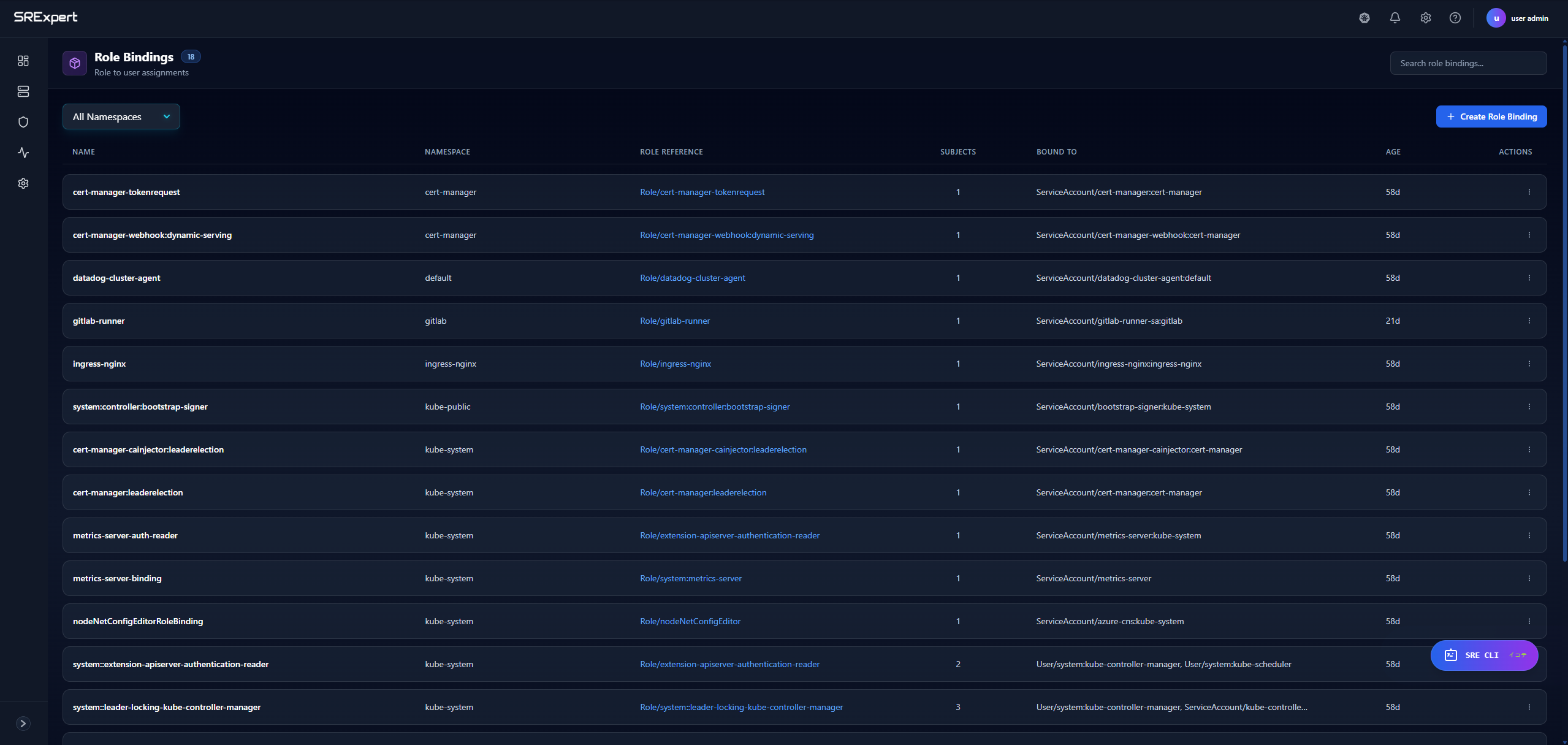 Role Bindings list view