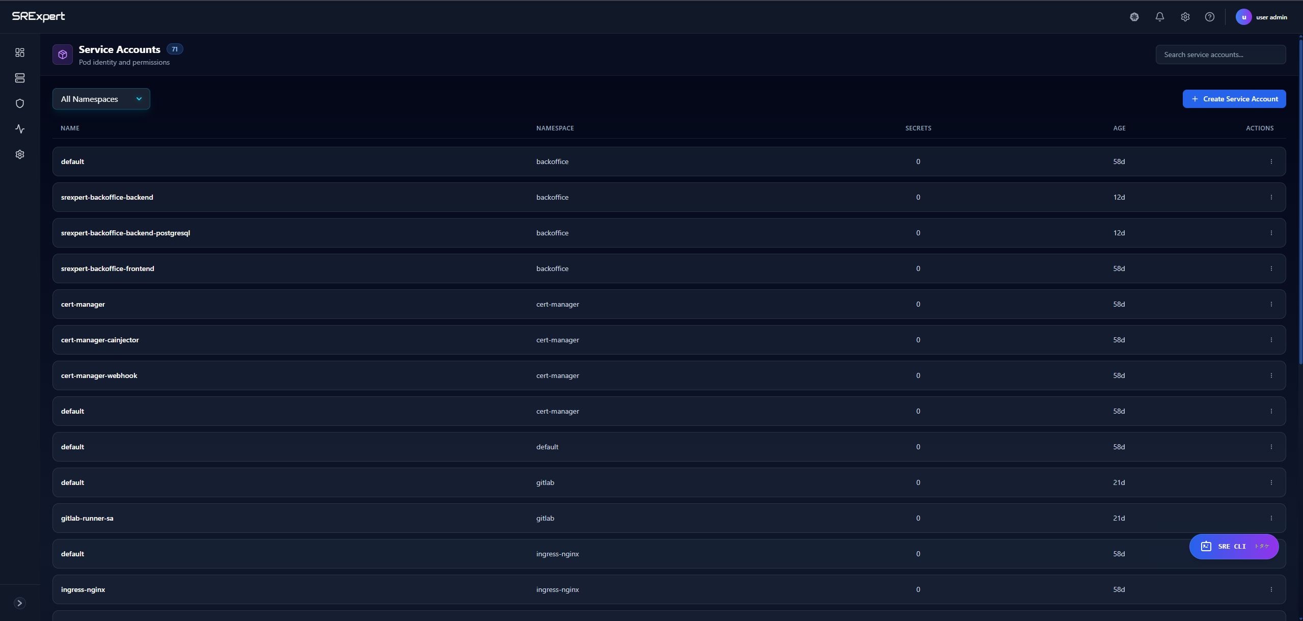 Service Accounts list view