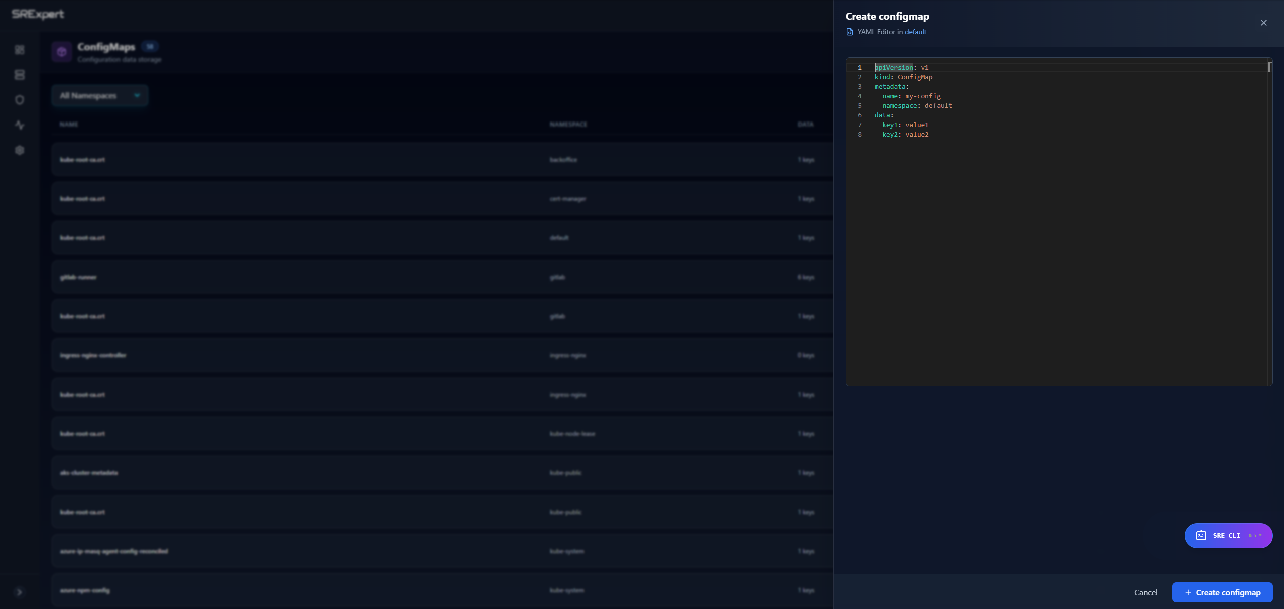 Create ConfigMap modal
