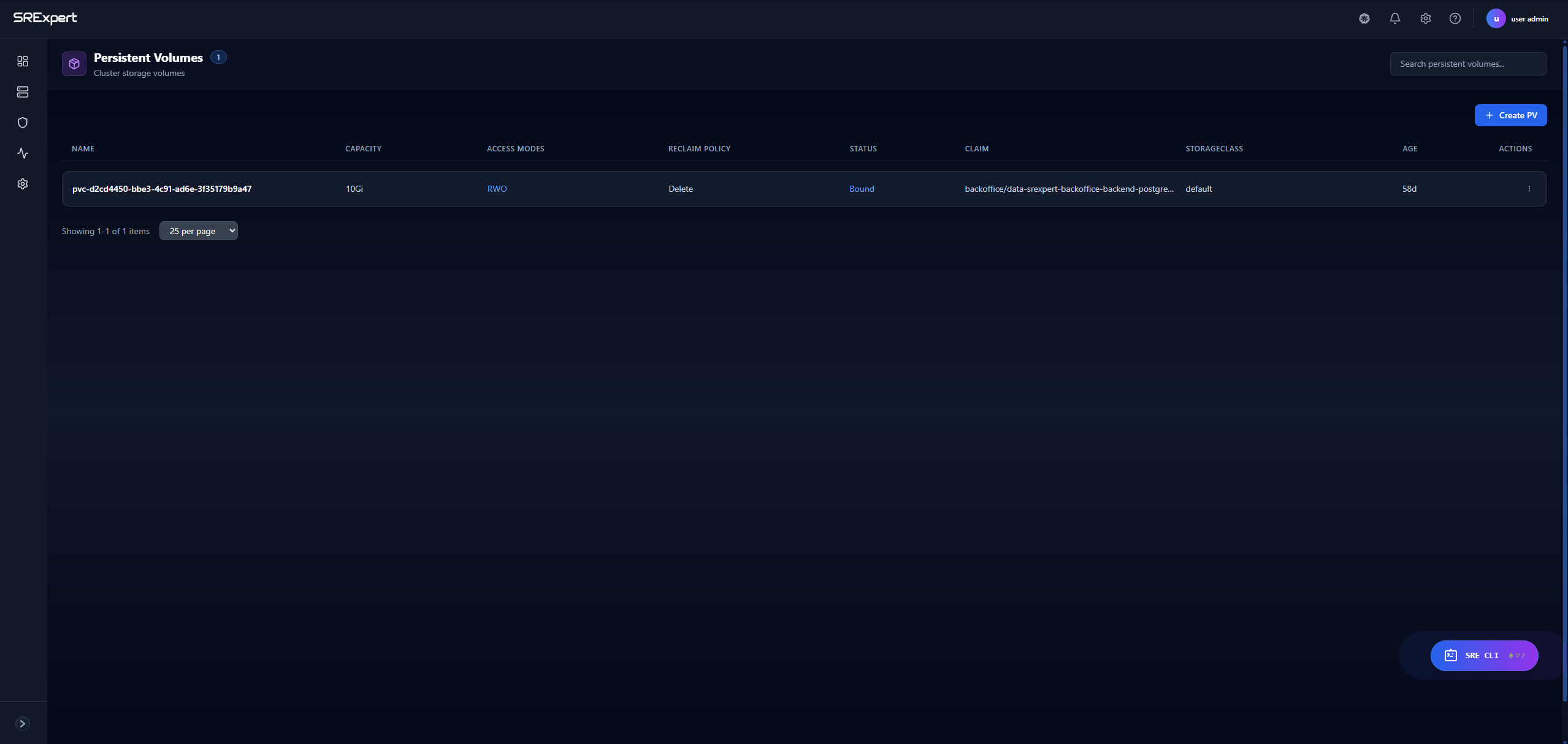 Persistent Volumes list view