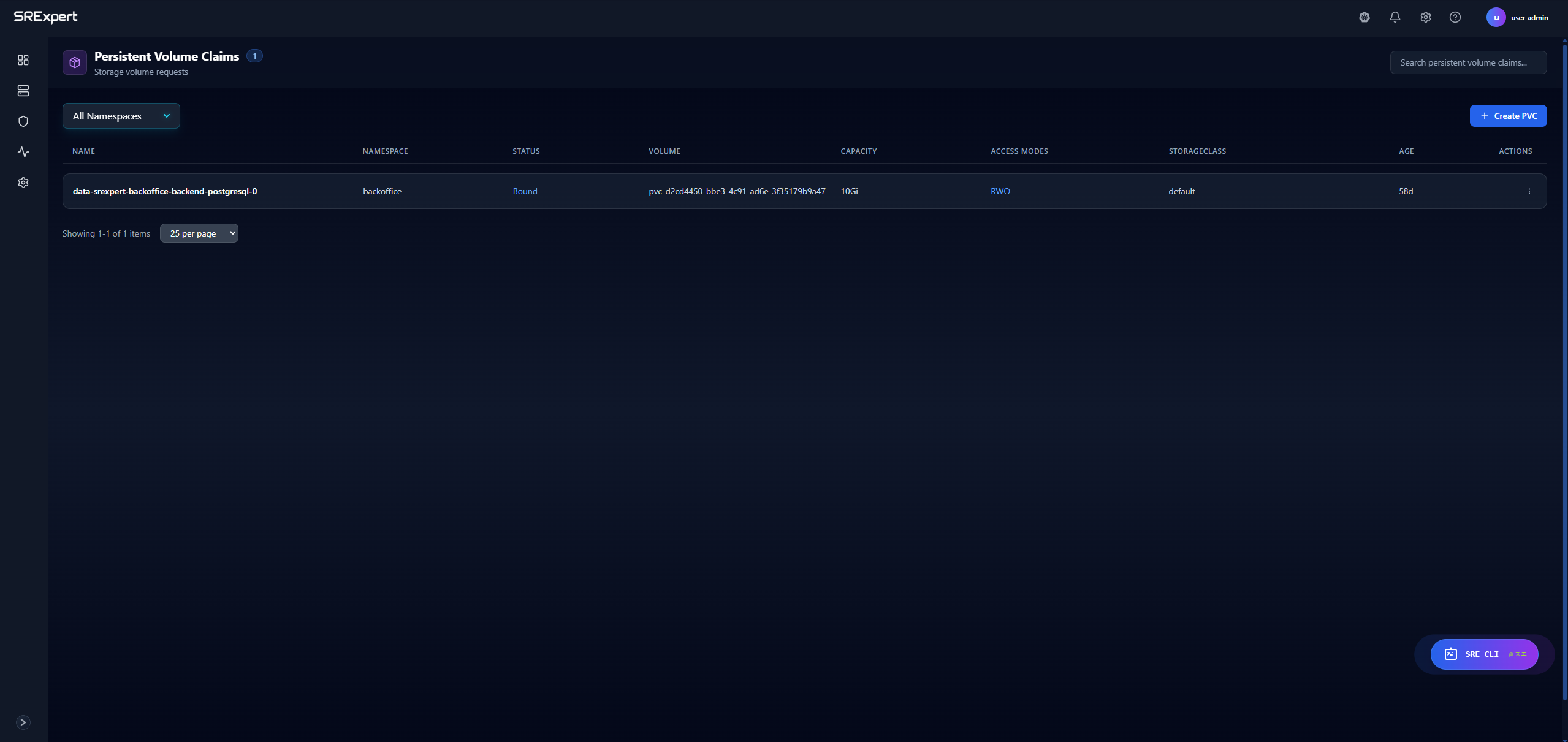 Persistent Volume Claims list view