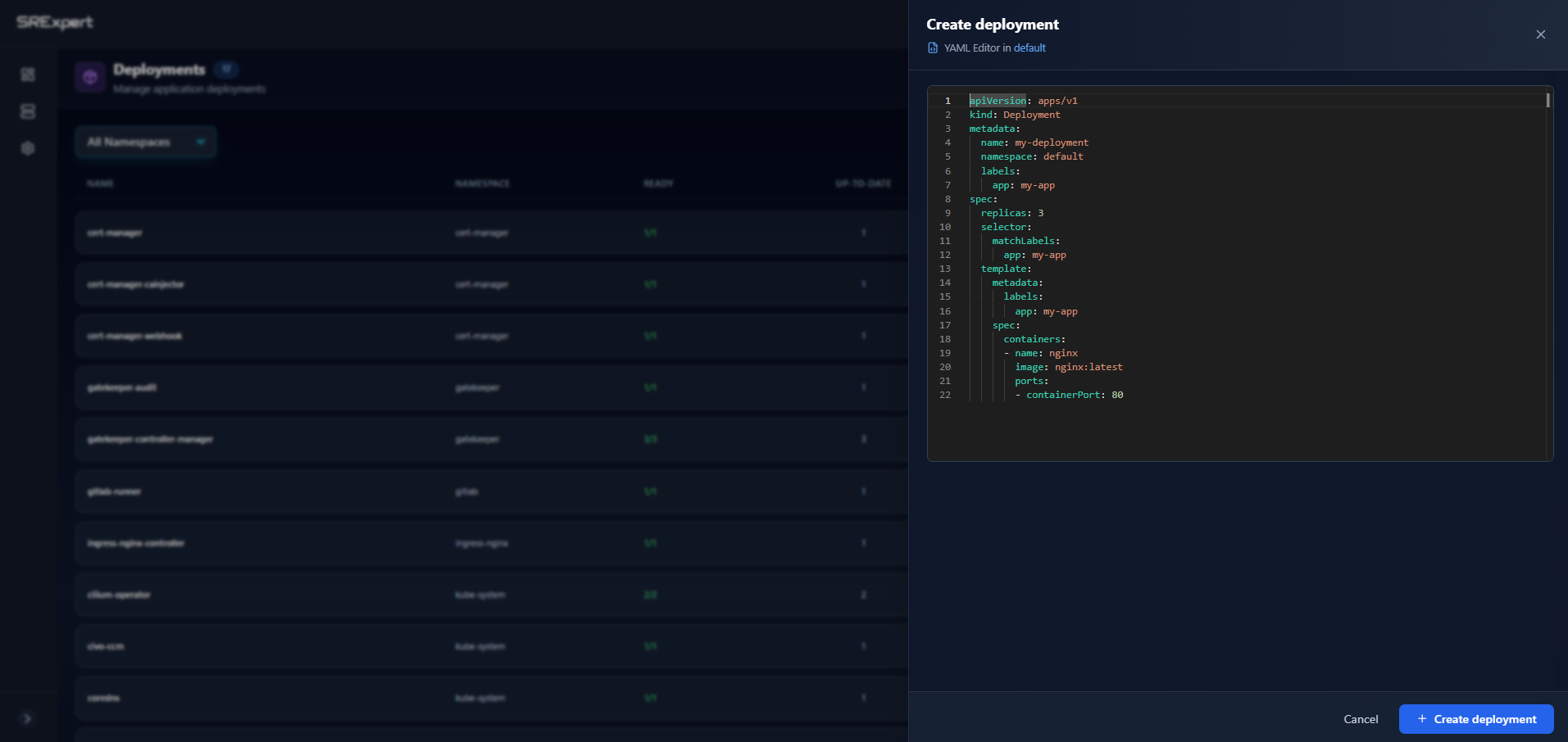 Create deployment sidebar